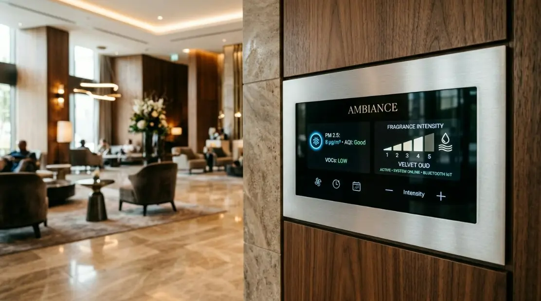A high-tech commercial scent air machine for business integrated into a modern luxury hotel lobby with digital IoT control panels visible.